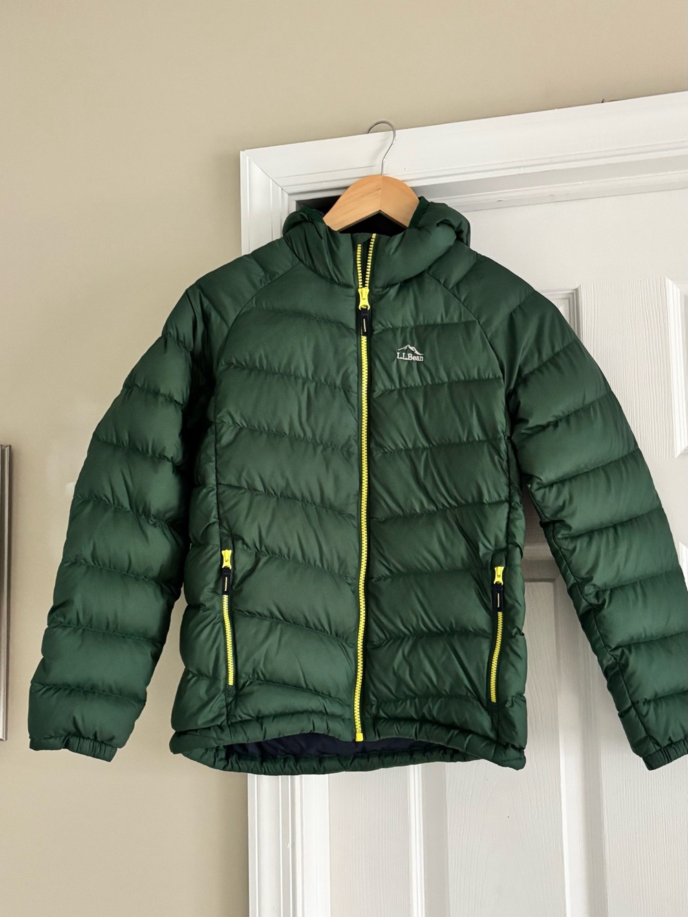 L.L. Bean Kids' Forest Green Puffer Jacket with Yellow Zippers